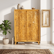 Elegant Hand Carved Mango Wood Accent Cabinet with natural wood finish