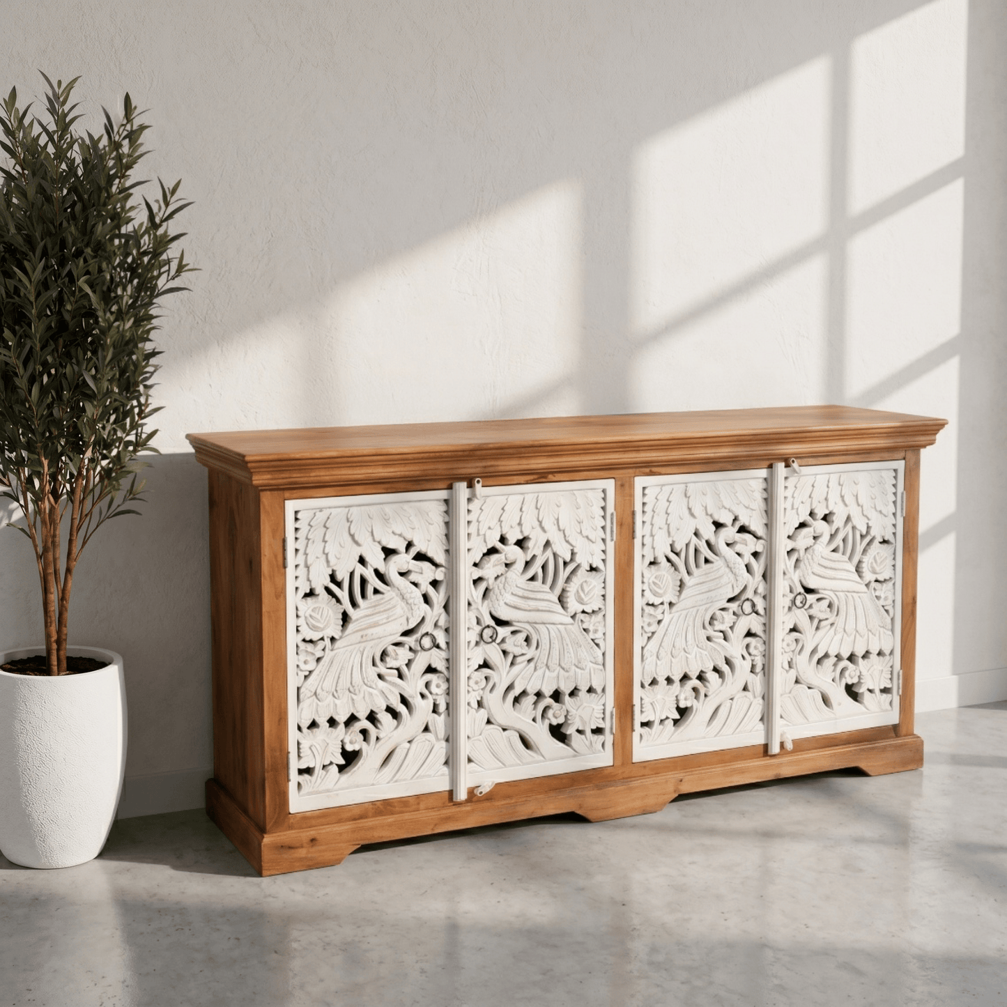 White rustic furniture Muscat Oman, Handcrafted wood sideboard UAE, Peacock carved wood buffet cabinet,Solid wood sideboard for hotels,