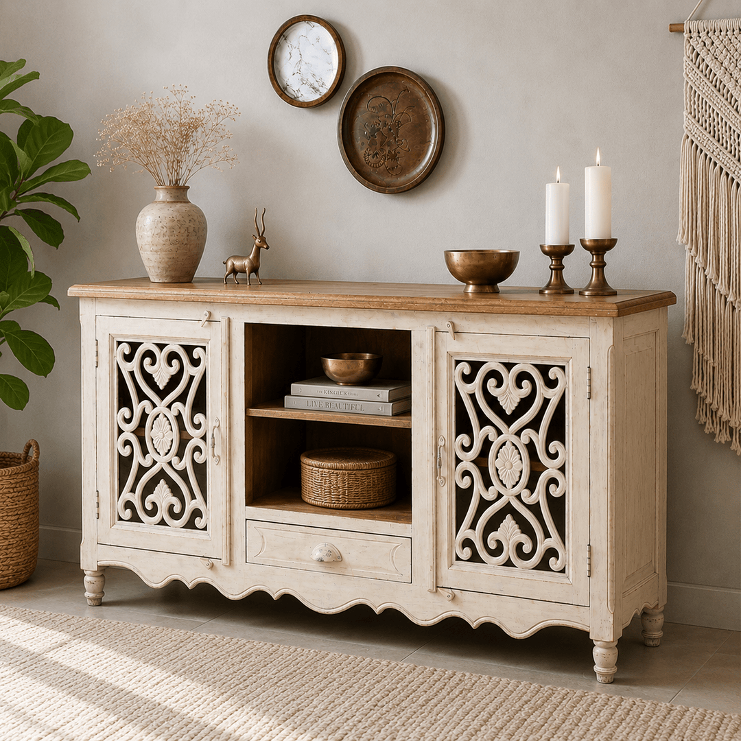 The Ivory Crest Entertainment Unit | White Rustic TV Cabinet UAE