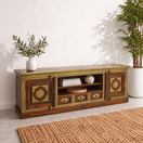 Switch vintage entertainment unit with storage, television cabinet with shelves solid wood, tv cabinet with 2 shelves long lasting wood, solid sheesham wood media console with 2 shelves,  2 image