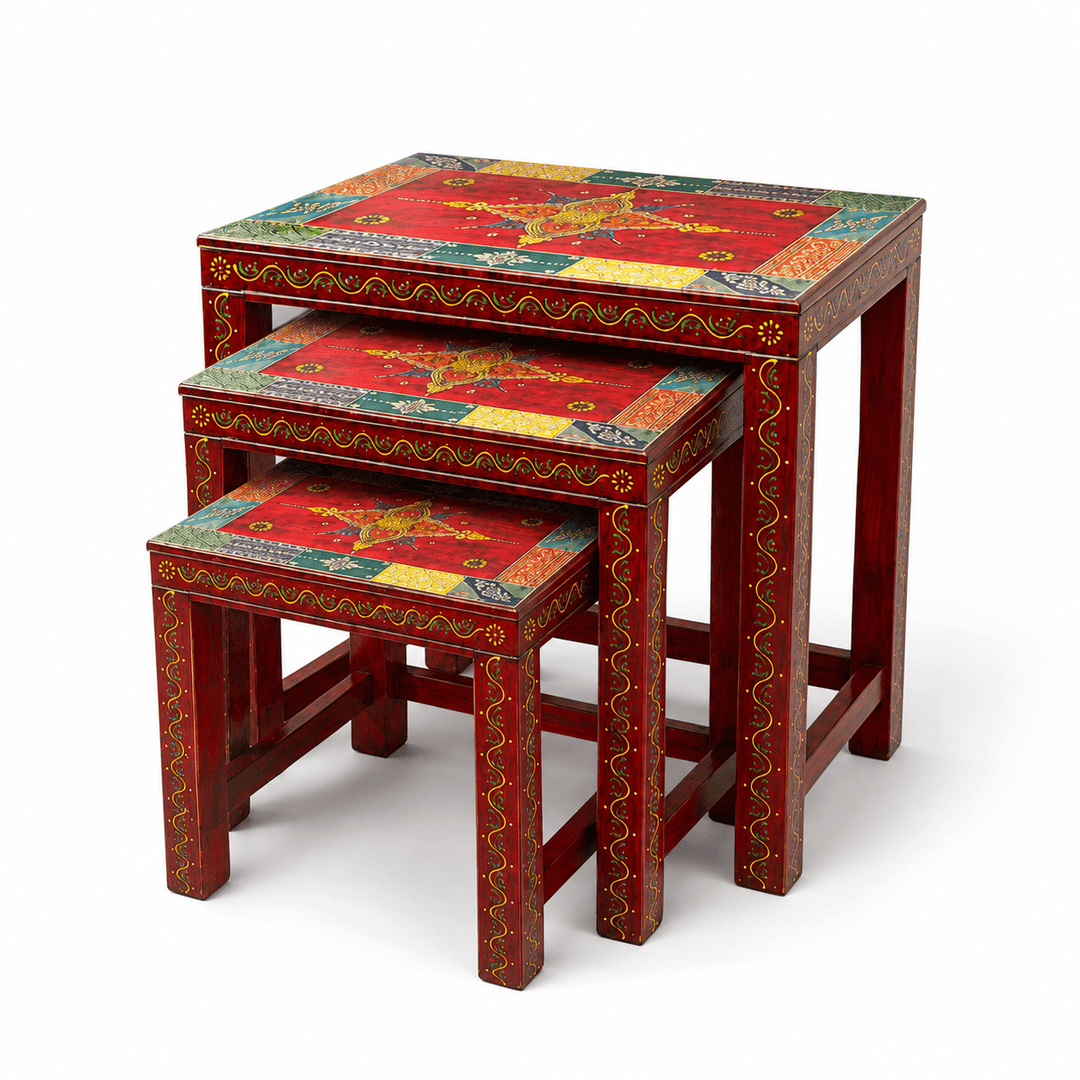 Bohemian Hand-Painted Mango Wood Nesting Tables – 3 Piece