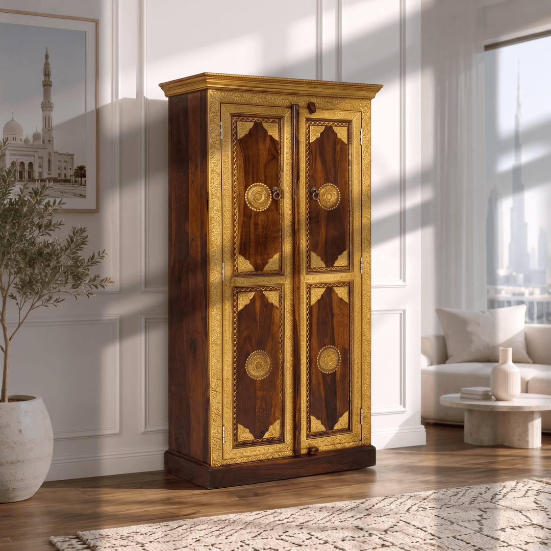 Signature Rose Wood Brass Inlay Accent Storage Cupboard Cabinet