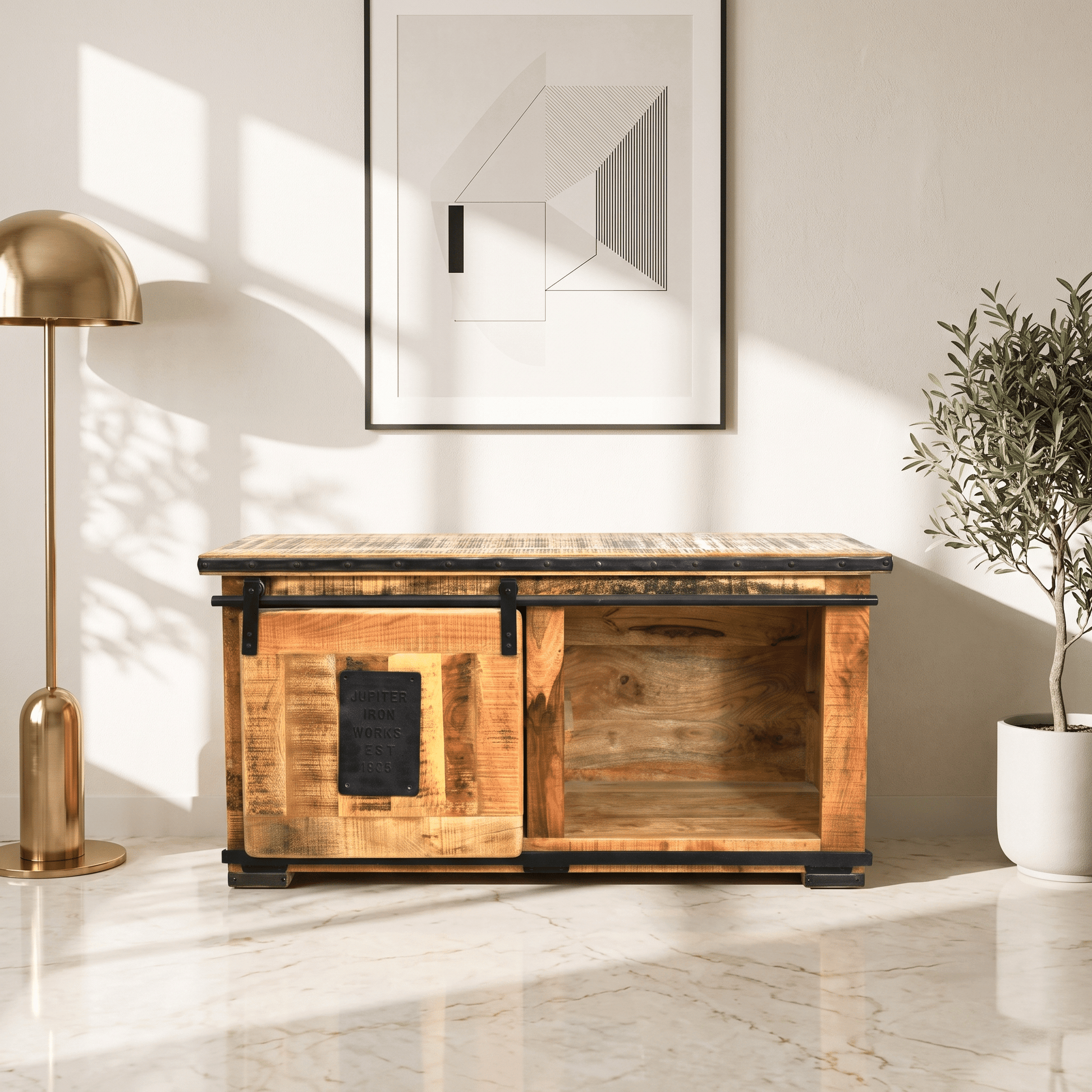 Industrial Mango Wood TV Cabinet with Sliding Door
