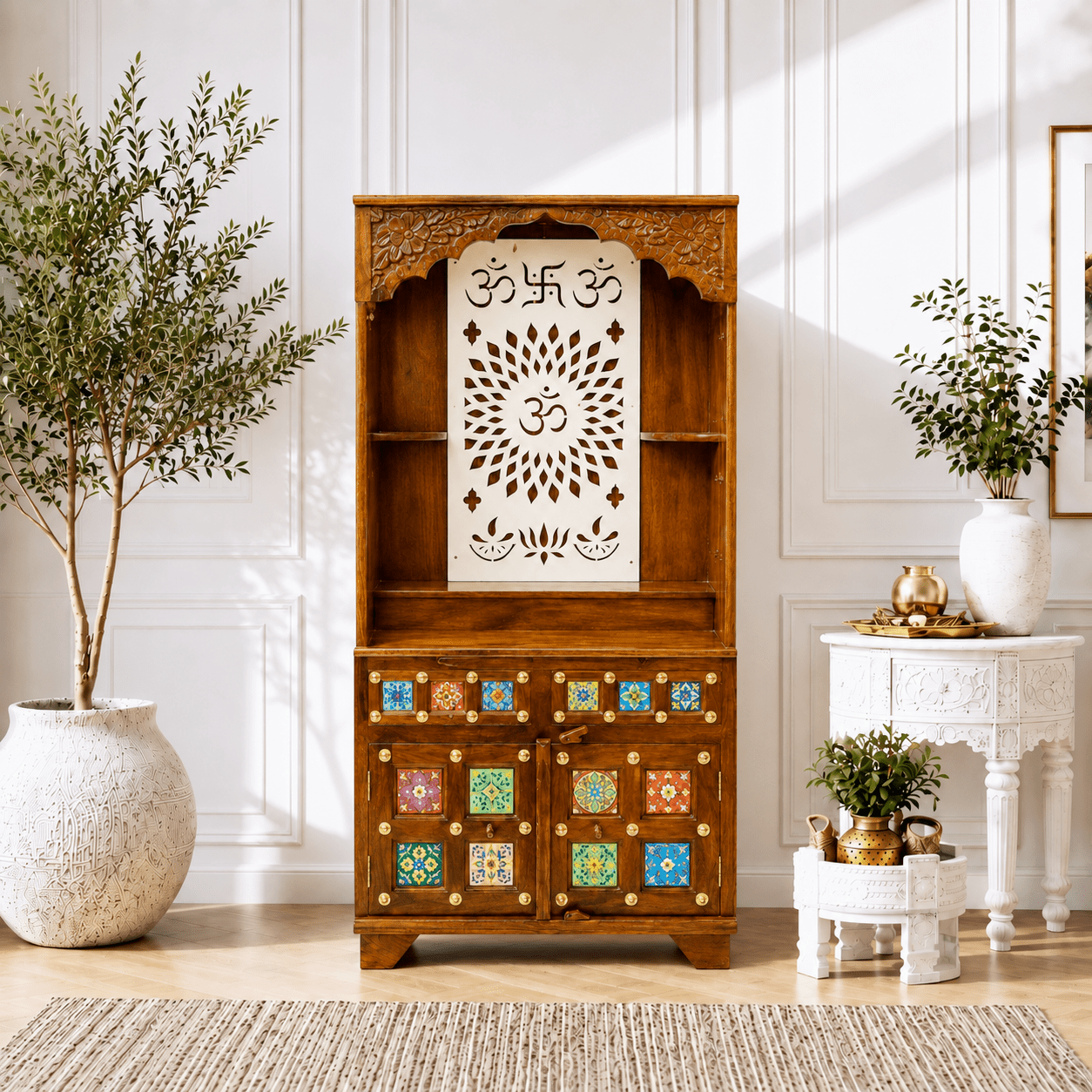 Indian Handmade Wooden Mandir with Om Decorative Panel
