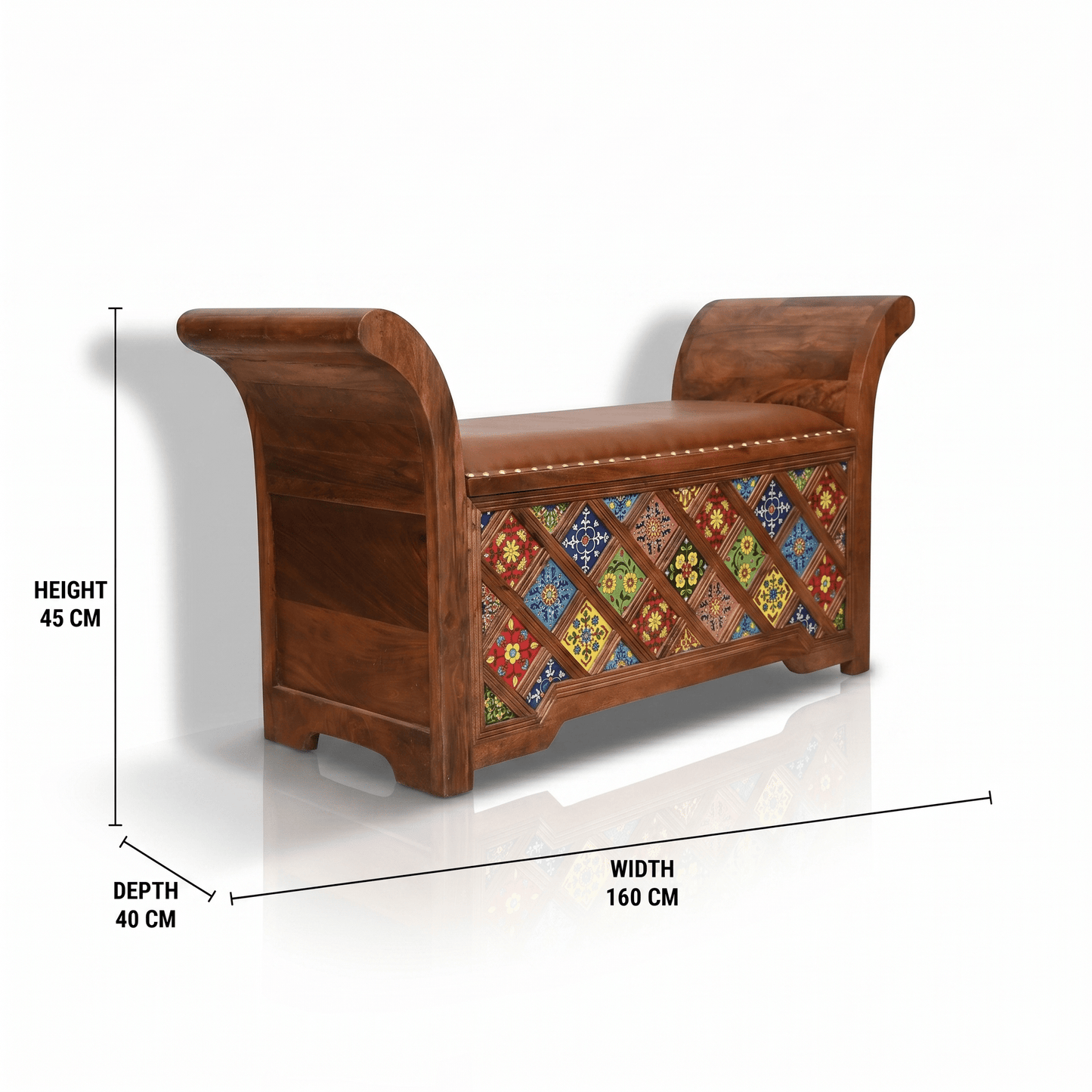 luxury villa storage premium wood bench, decorative wooden chest bench with hand work, Indian handicraft storage bench with classic design, antique style solid wood bench for modern homes in UAE,