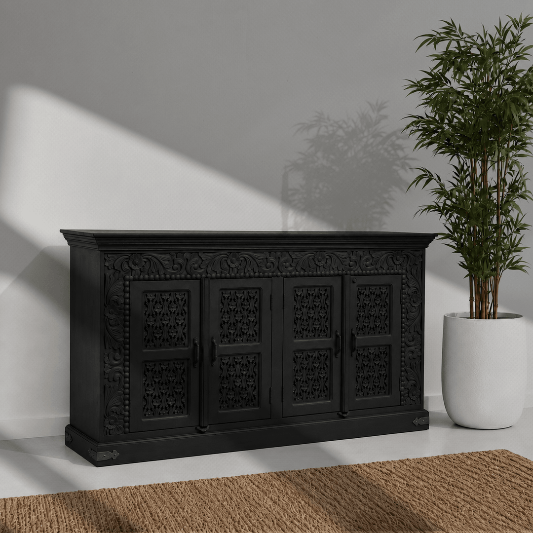 Noir Haveli Mango Wood side buffet Cabinet with Hand Carving