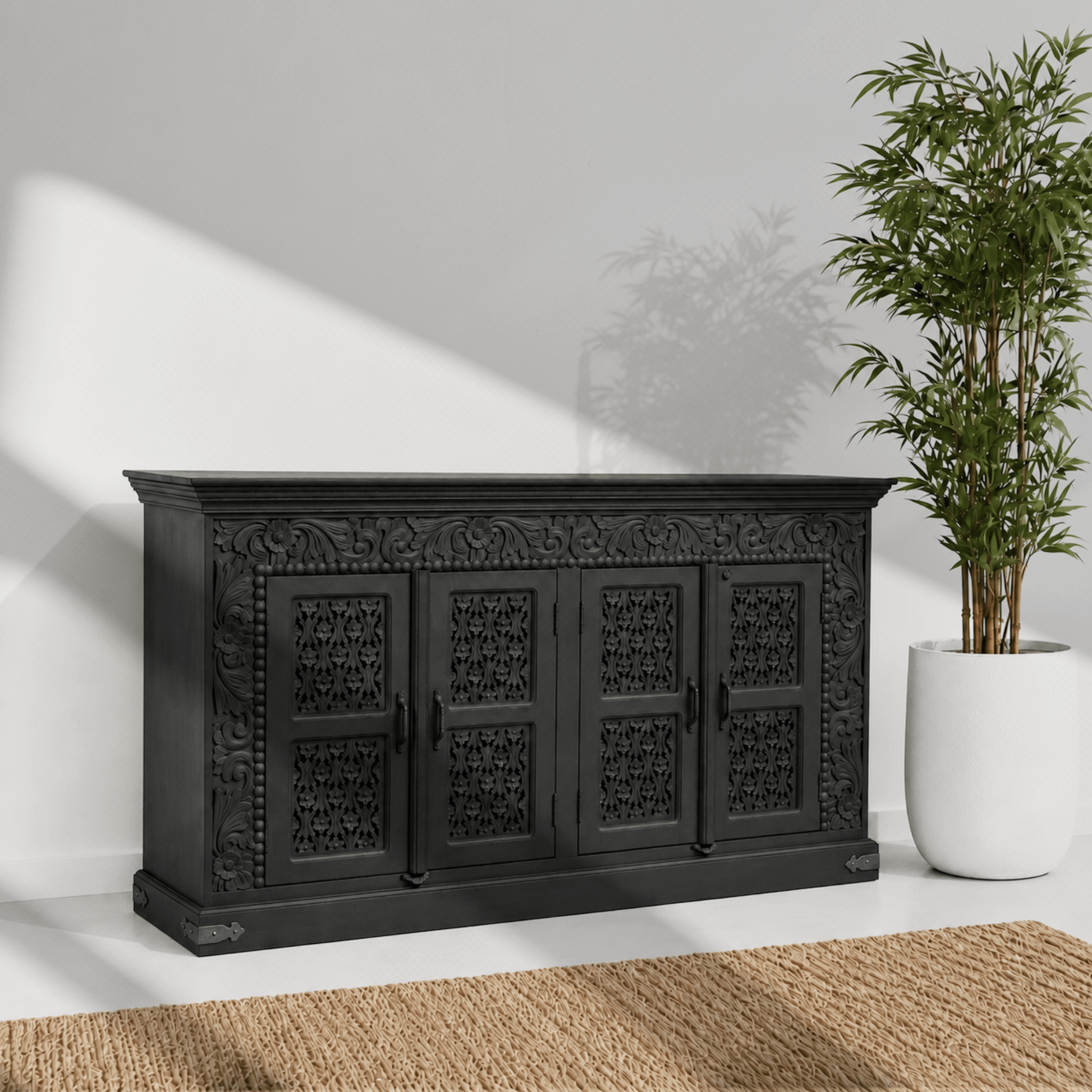 Vintage hand carved haveli solid wood black antique buffet cabinet