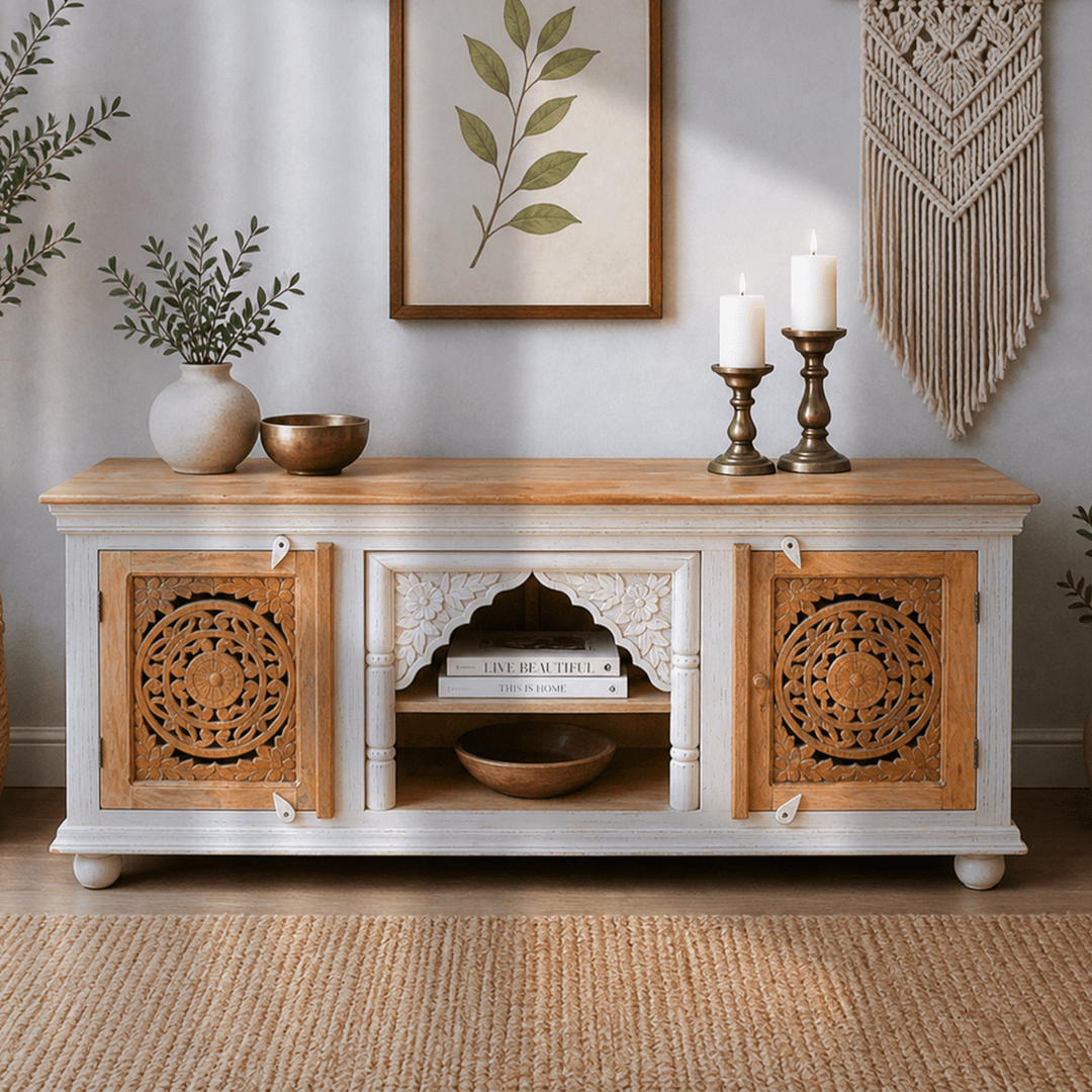 The Bohemia Hand Carved Mango Wood TV Unit | Rustic Blue UAE | Dubai
