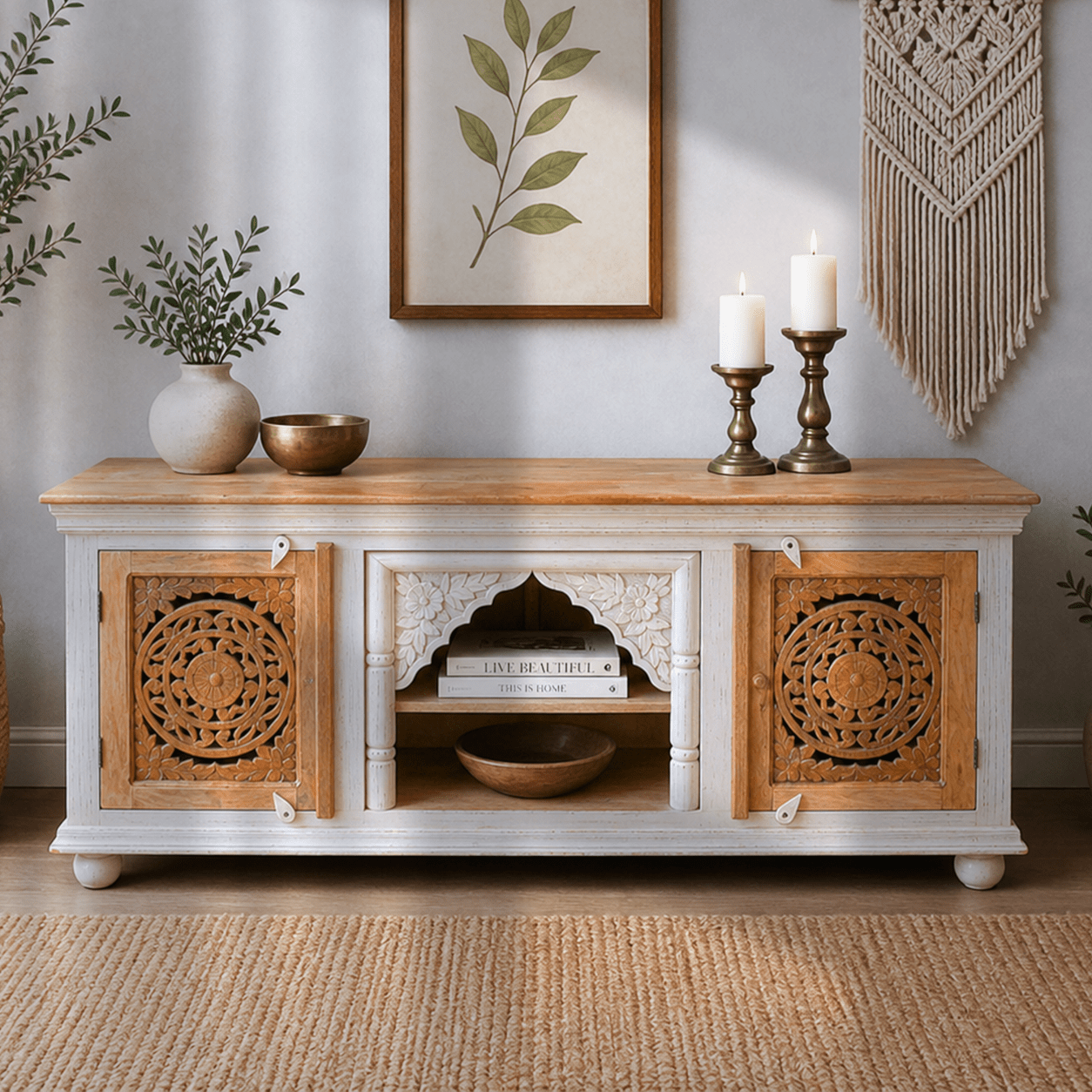 rustic white & Brown Mango Wood Entertainment Console, vintage Handcrafted Mango Wood TV Cabinet, boho Rustic Mango Wood TV Stand with Carved Doors, luxury Hand-Carved Wooden Media Console with Rustic Finish, 