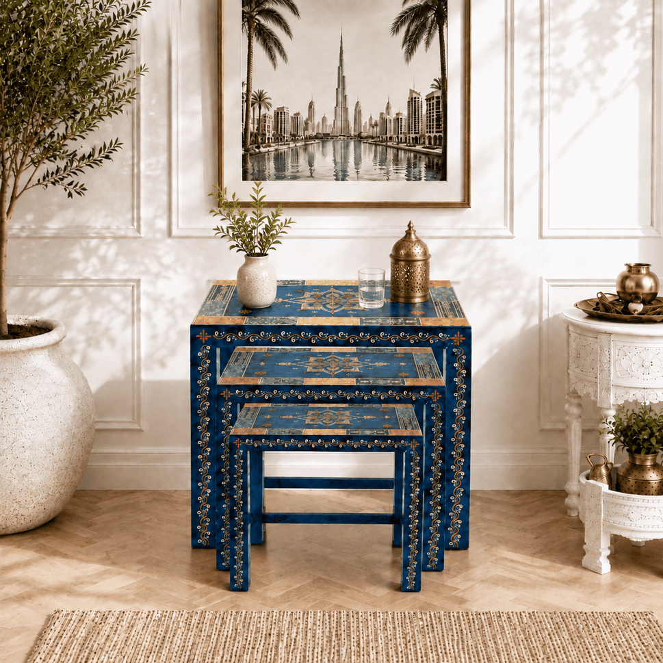 Multicolor blue handcrafted nesting tables set of 3 pieces