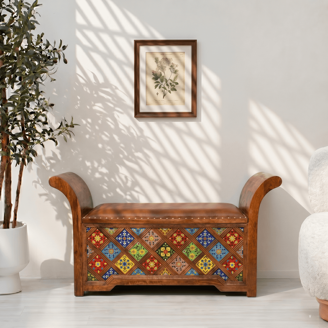 Handmade Solid Sheesham Wood Storage Settee with Tile Work