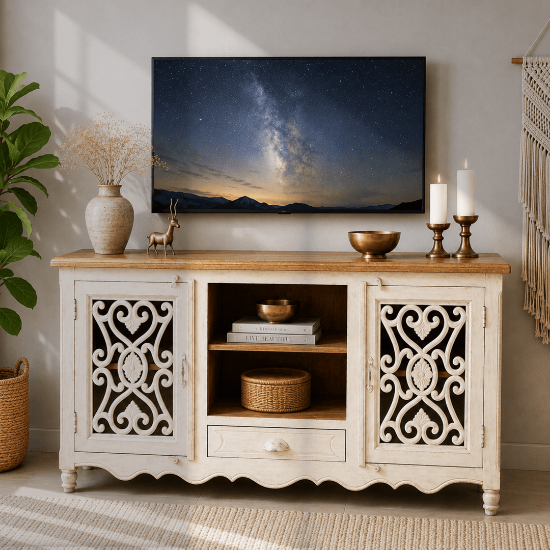 The Ivory Crest Entertainment Unit | White Rustic TV Cabinet UAE