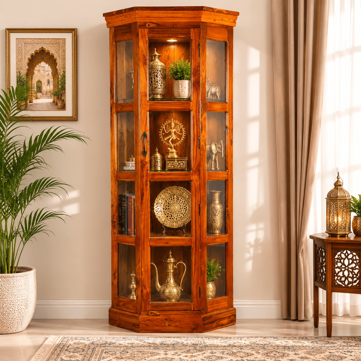 Opulent Solid Teak Wood Glass Display Cupboard with honey finish