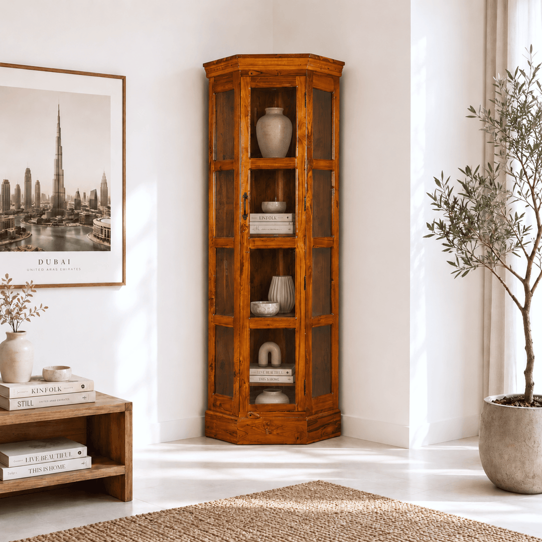 Opulent Solid Teak Wood Glass Display Cupboard with honey finish