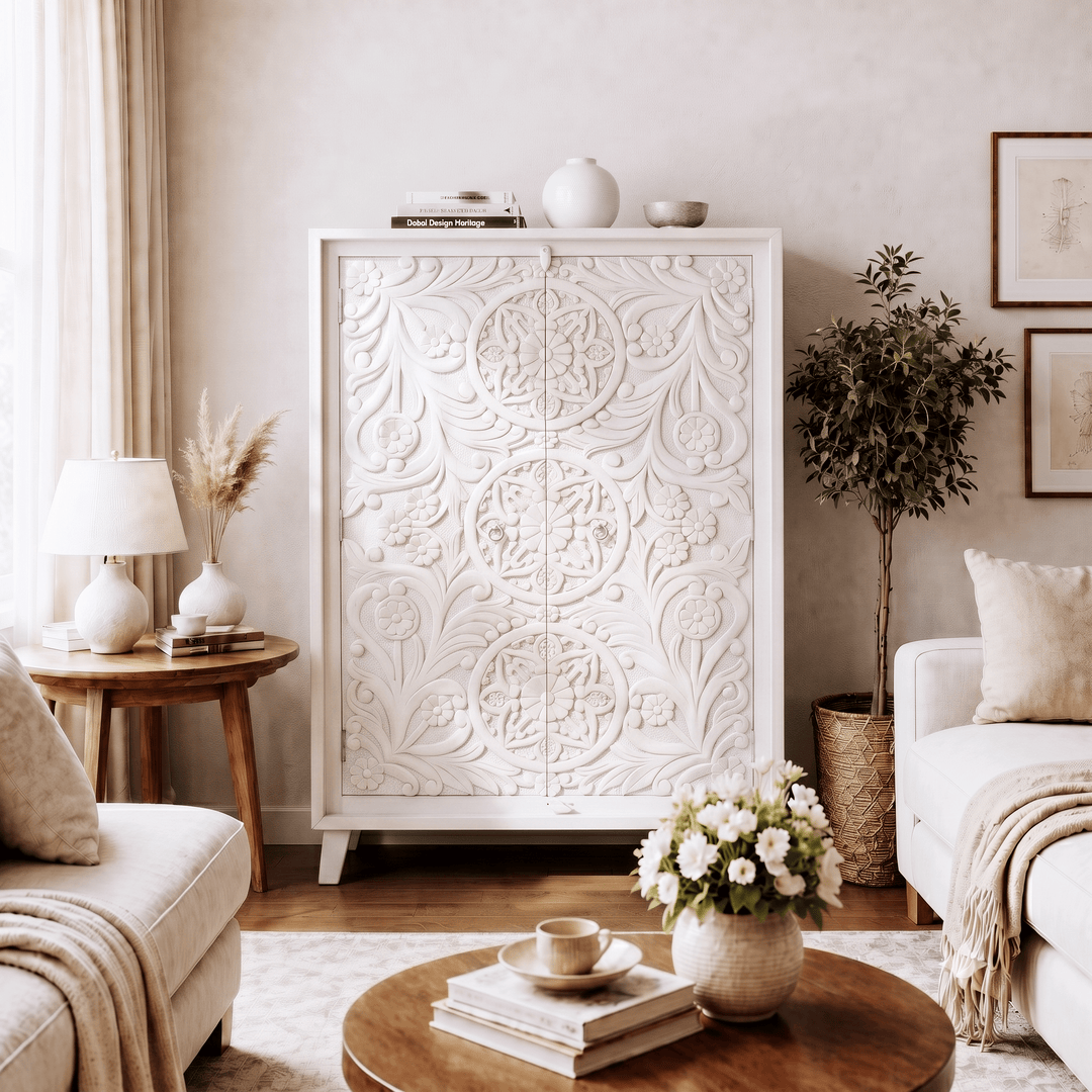 Elegant Hand Carved Mango Wood Accent Cabinet with natural wood finish