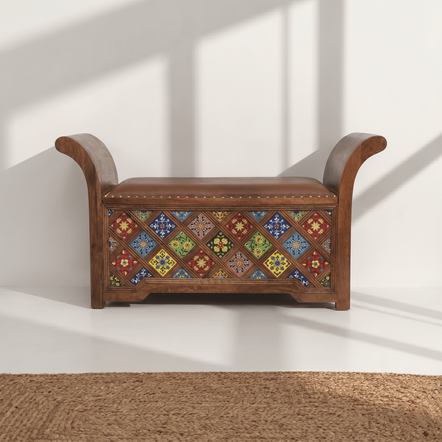  solid wood tile inlay storage bench UAE, handcrafted sheesham wood ottoman bench, Rajasthani tile work wooden storage bench, luxury sheesham wood entryway bench, solid wood storage seat with ceramic tiles, 