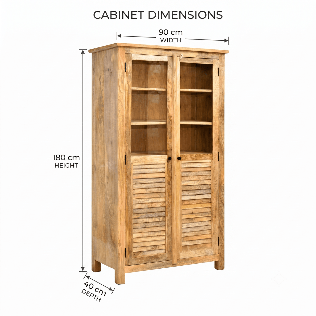 Modern Rustic Solid Mango Wood Glass Display Cabinet