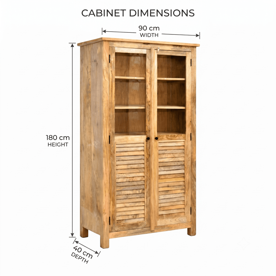 Modern Rustic Solid Mango Wood Glass Display Cabinet