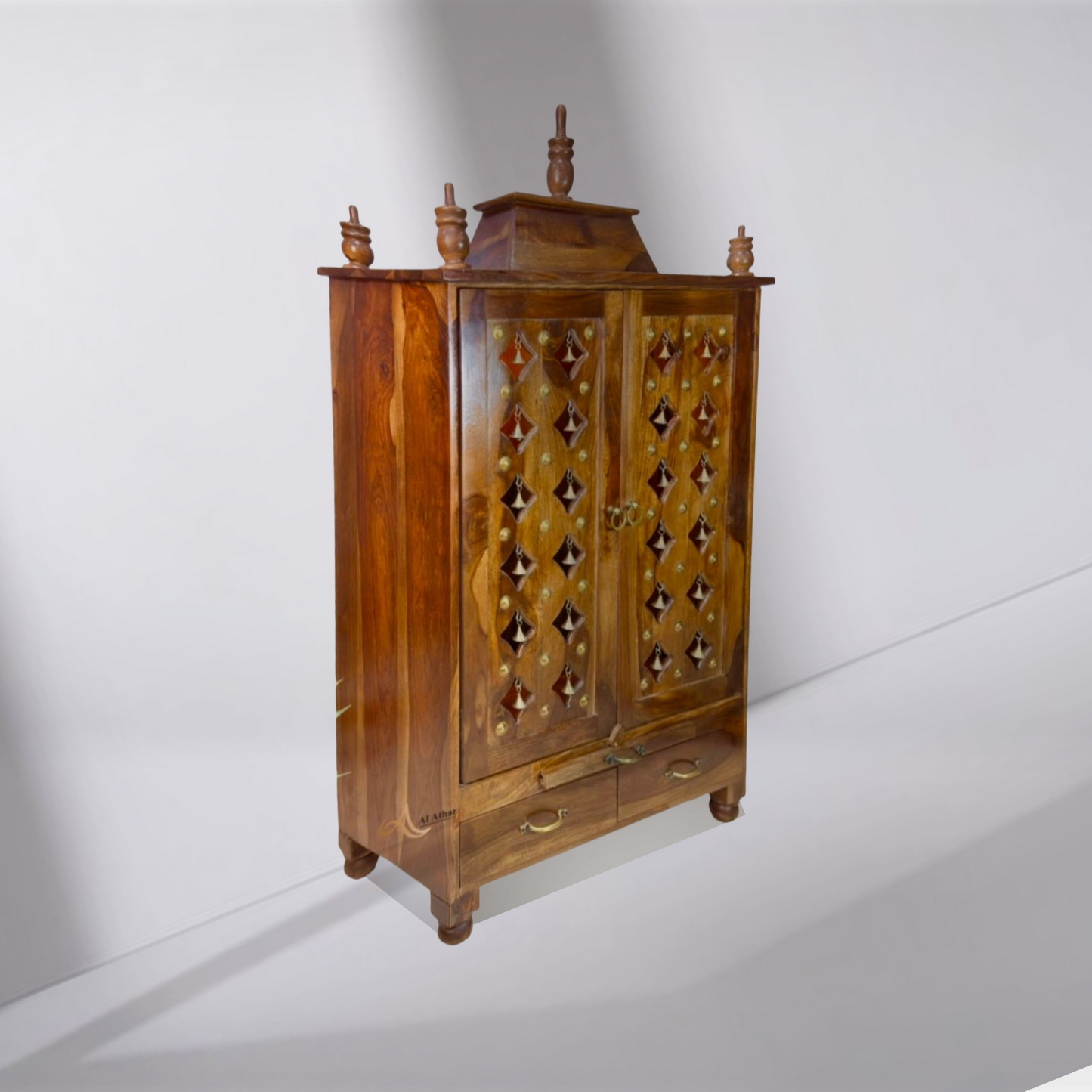 solid wood mandir Dubai, handcrafted home temple Sharjah, jali work temple Abu Dhabi, 