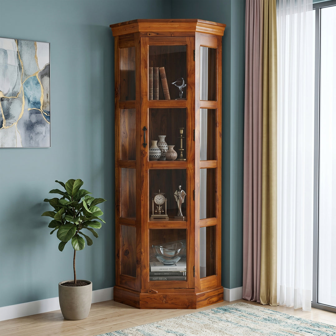 Opulent Solid Teak Wood Glass Display Cupboard with honey finish
