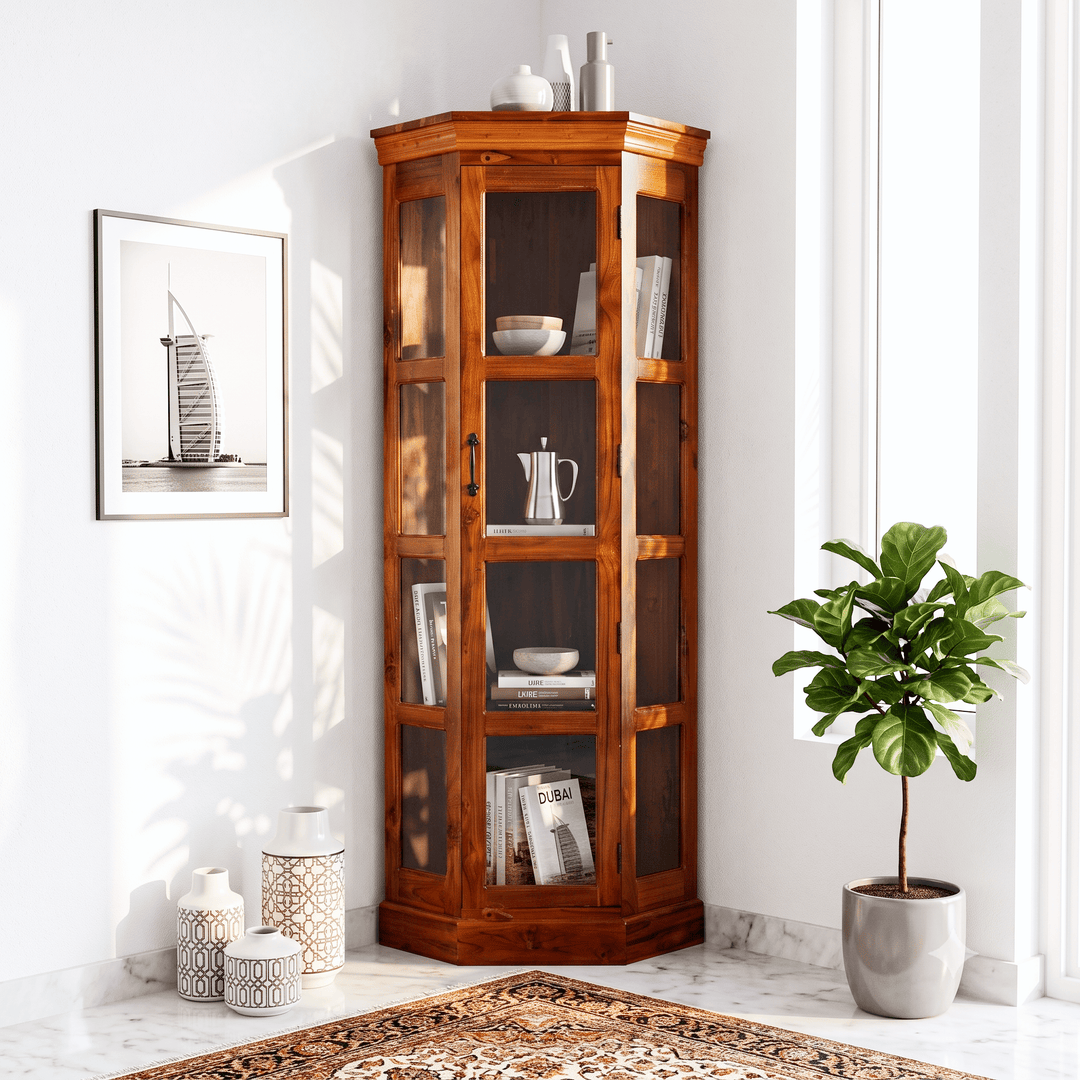 Opulent Solid Teak Wood Glass Display Cupboard with honey finish