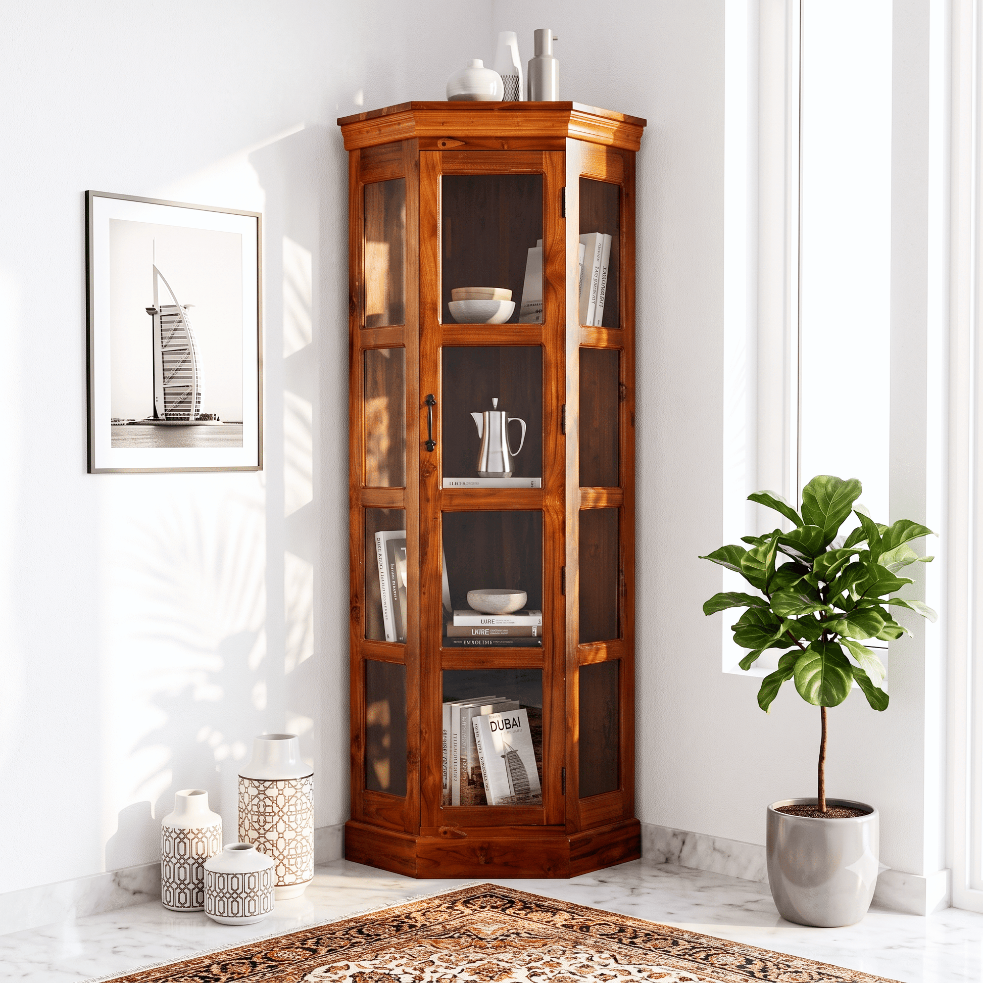 Opulent Solid Teak Wood Glass Display Cupboard with honey finish