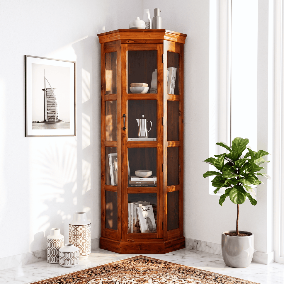 Opulent Solid Teak Wood Glass Display Cupboard with honey finish