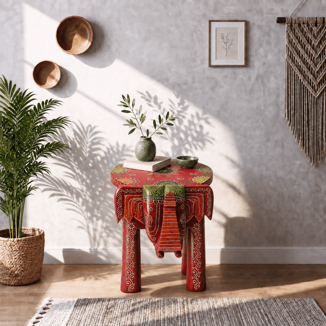 Traditional Elephant-Shaped Wooden Stool and Table
