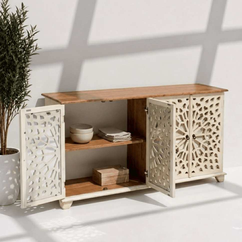 Zahara Hand-Carved Mango Wood Mirror Side cabinet with storage 2 doors