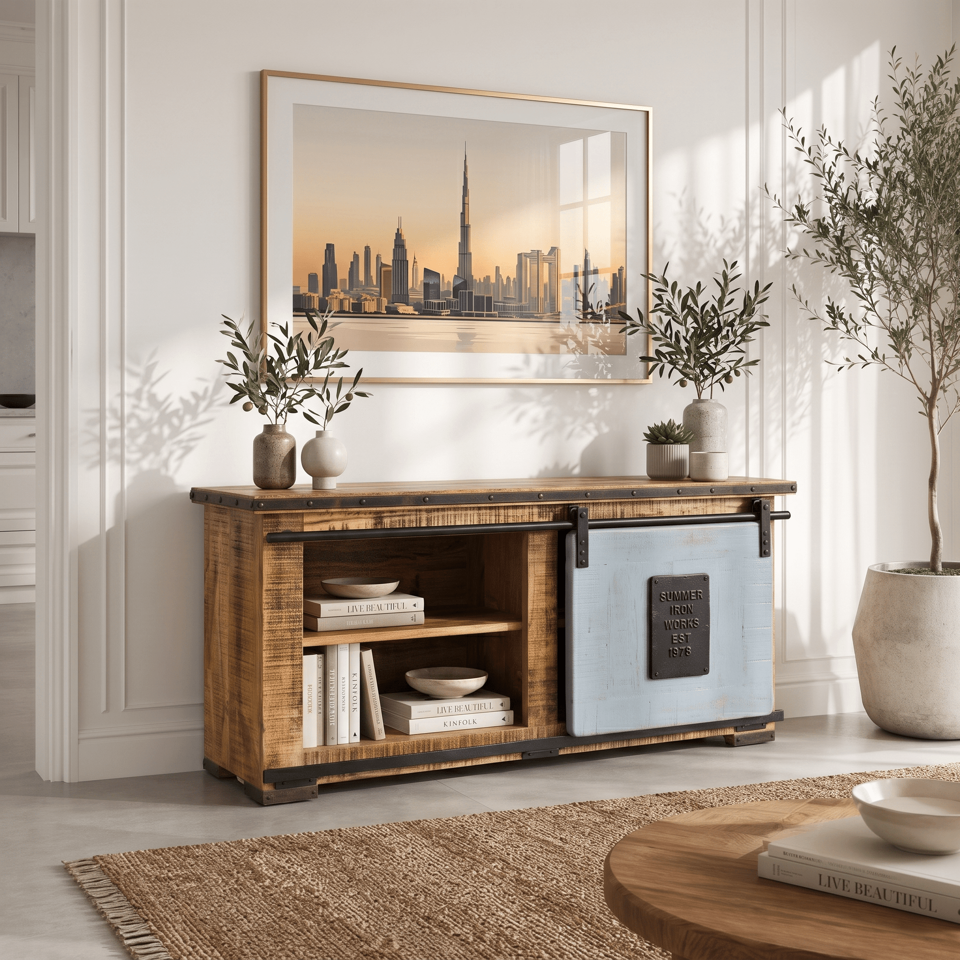 Lunaro solid Wood TV Console Unit with Sliding Door