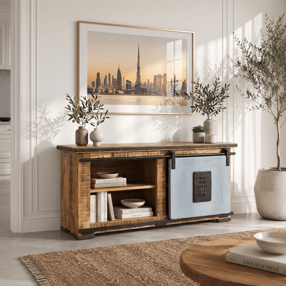Lunaro solid Wood TV Console Unit with Sliding Door