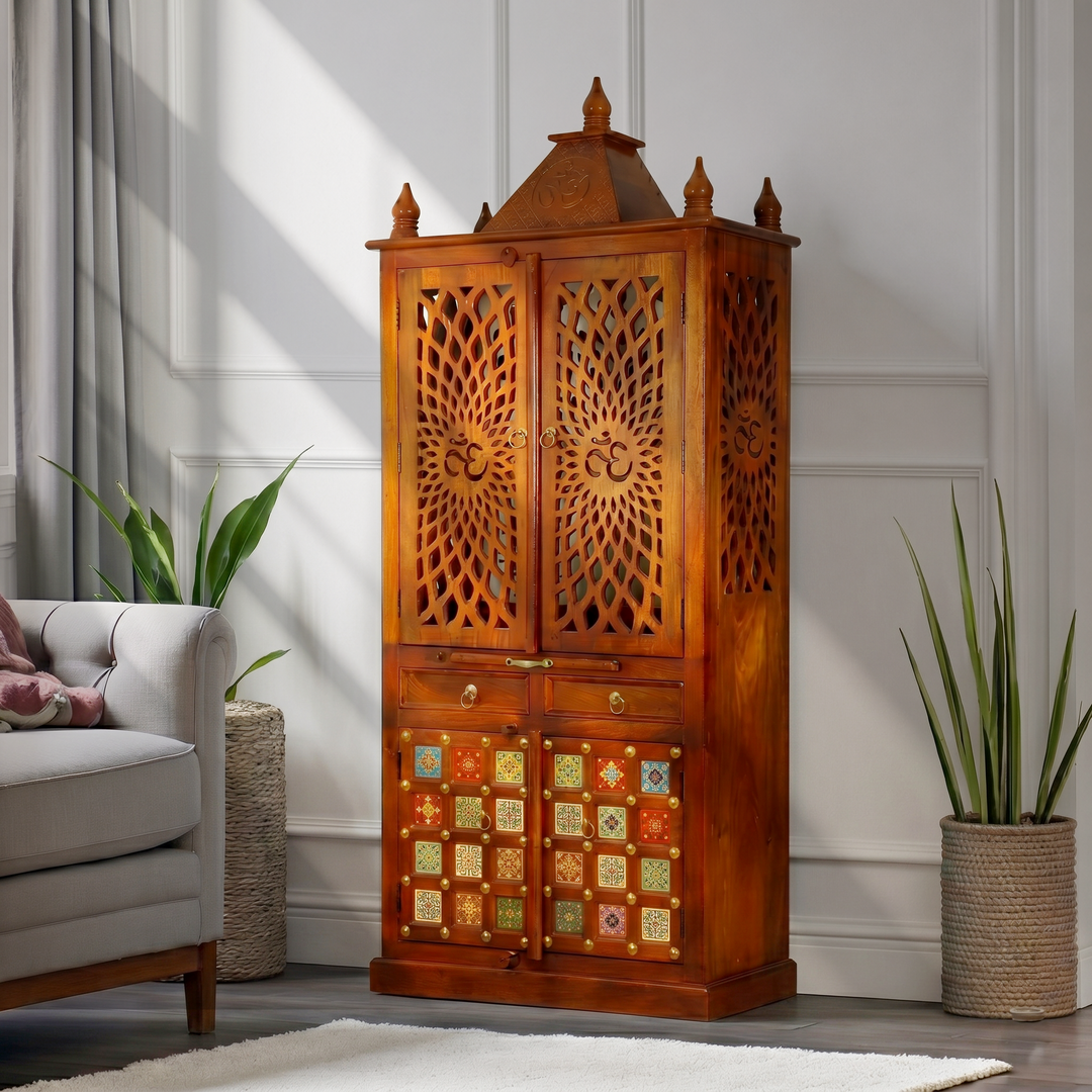 Royal wooden pooja shelf cabinet with om design & drawers