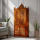 تبديل الصورة handcrafted wooden prayer cabinet Dubai, vintage style wooden mandir UAE, stylish pooja cabinet for villas UAE, handmade modern design temple cabinet 3