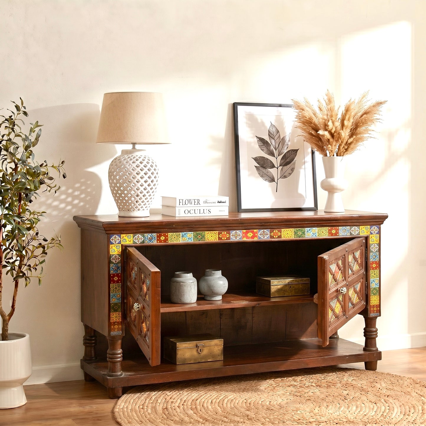 Side console for storage in hardwood Dubai,Storage unit for kitchen natural rosewood for restaurent & cafe,Moraccan inlay tiles work bohemian Moroccan Cabinet for storage,