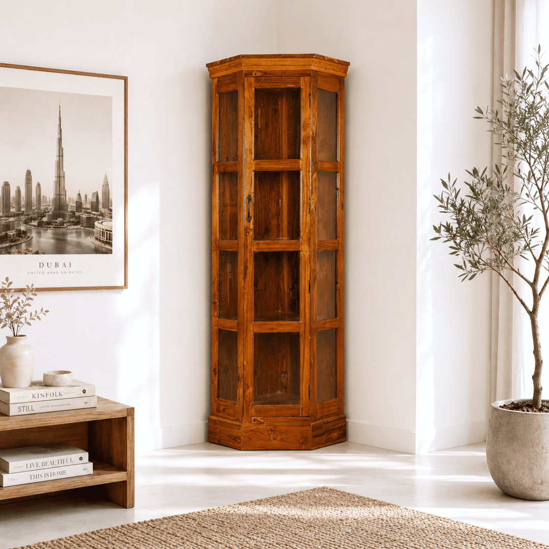 Opulent Solid Teak Wood Glass Display Cupboard with honey finish