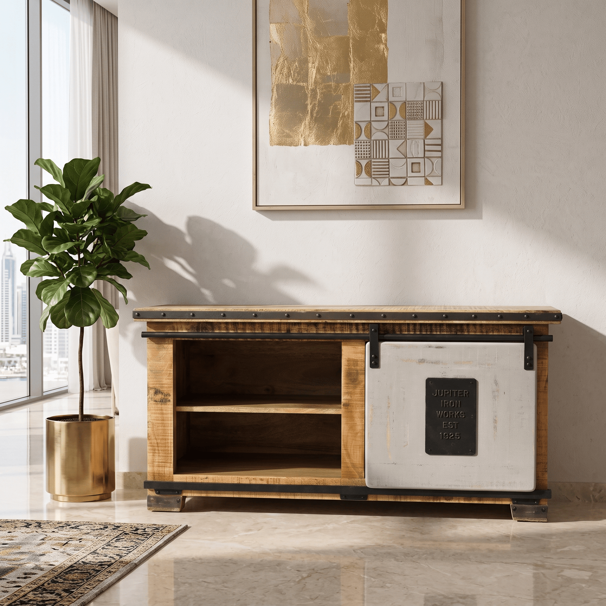 Lunaro solid Wood TV Console Unit with Sliding Door