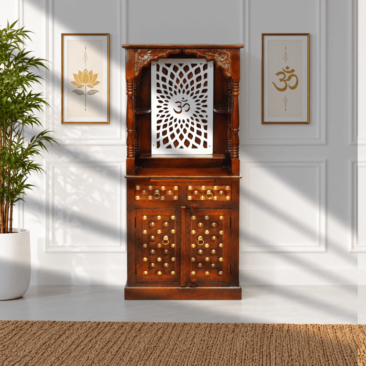  luxury mango wood temple cabinet Middle East, luxury mango wood prayer cabinet Middle East, luxury mango wood Hindu home shrine Middle East, luxury mango wood floor-standing mandir Middle East, 