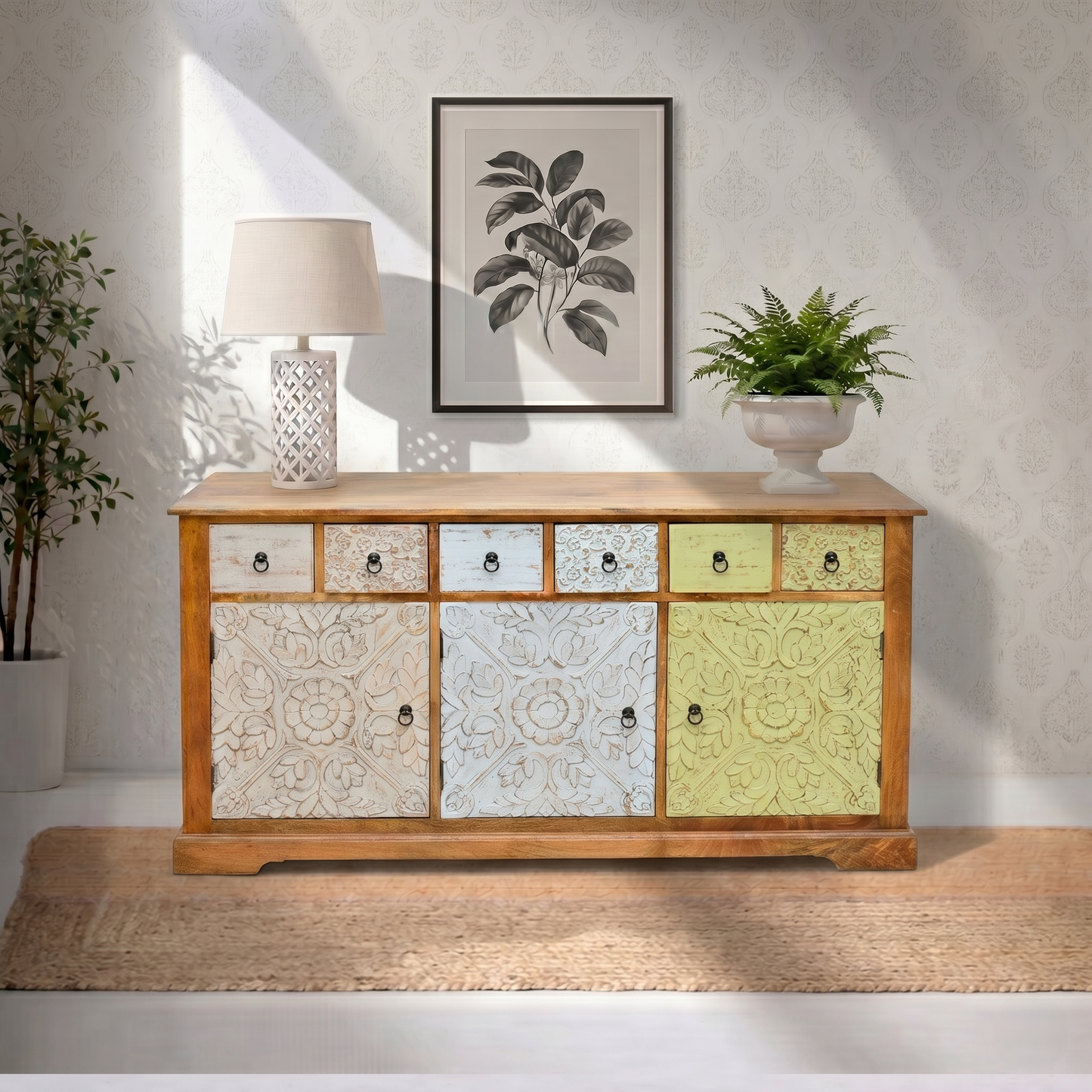 modern credenza cabinet in solid wood UAE, premium hallway cabinet in mango wood Dubai, elegant dining console buffet Uae