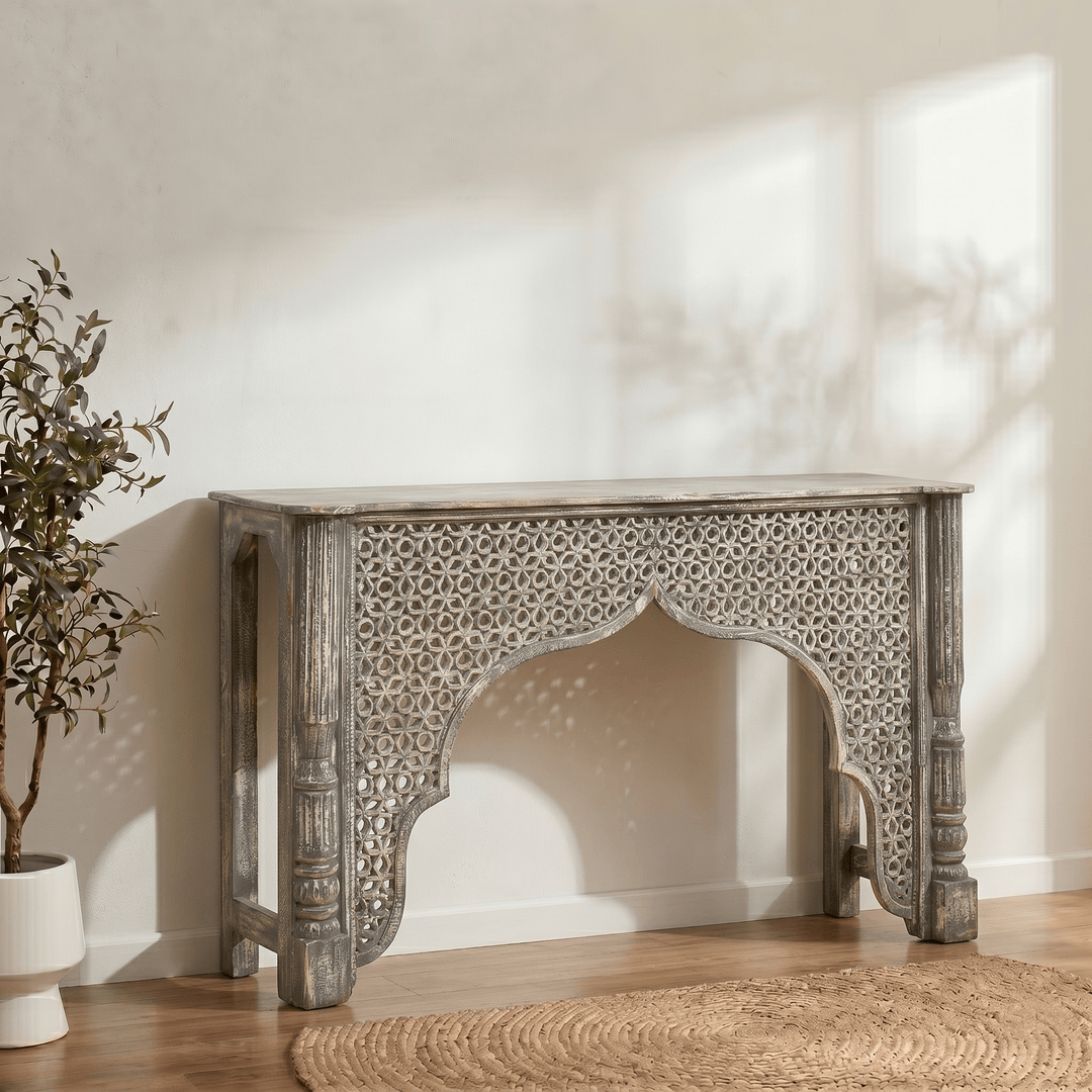 Rustic Carved Wooden Console Table with Moorish Arch Design
