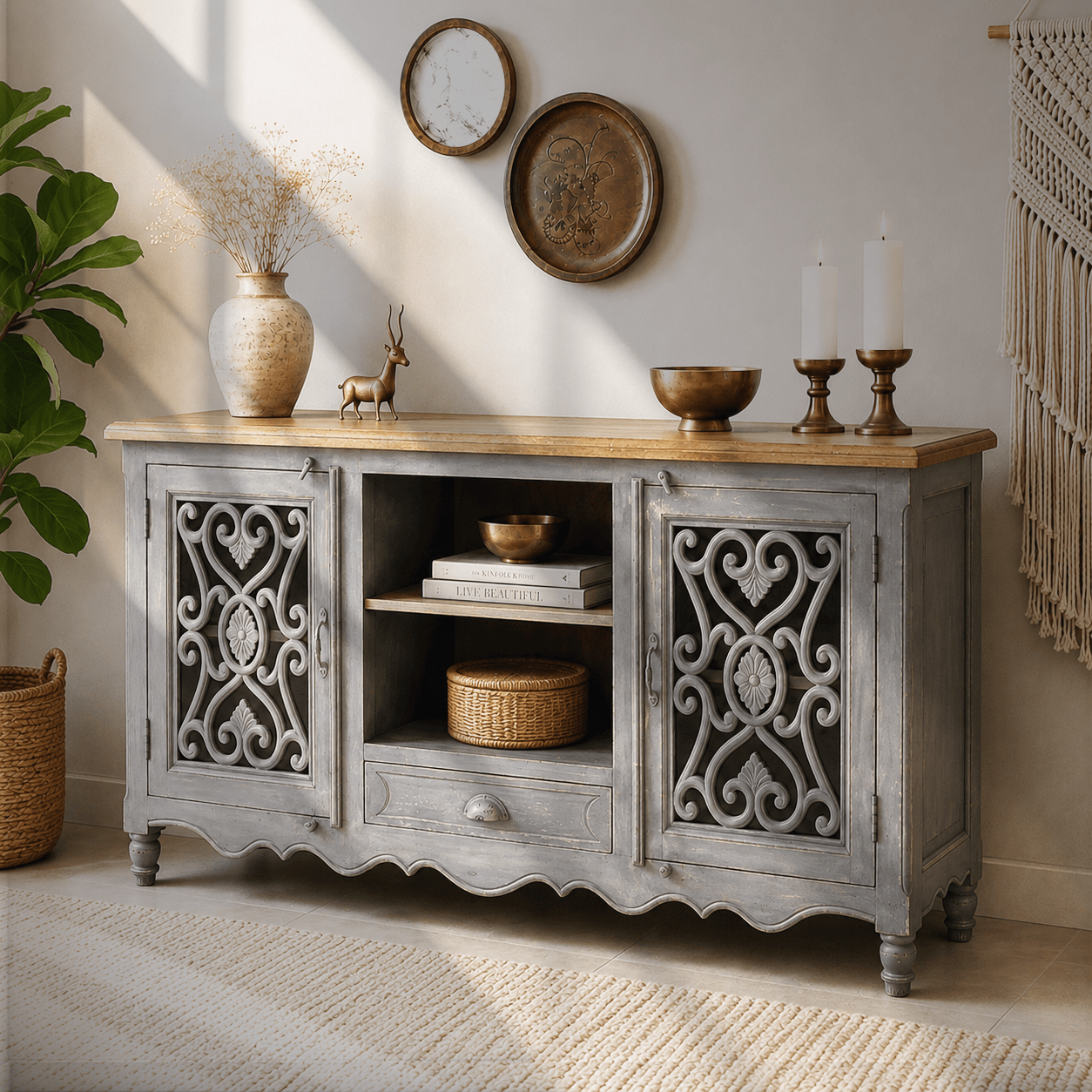 natural wood tv stand, hardwood entertainment console, handmade modern tv stand, handicrafted modern tv console, rustic grey tv unit, carved mango wood media cabinet, storage tv console with doors, 