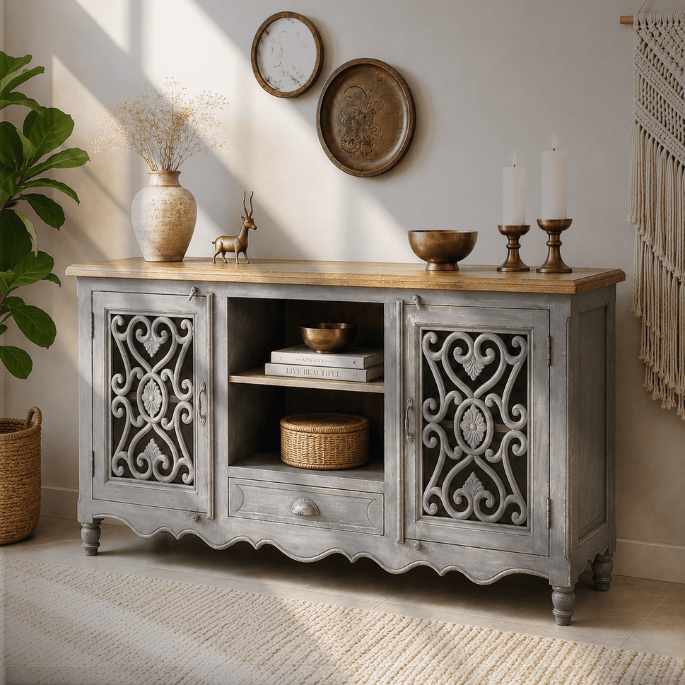 The Ivory Crest Entertainment Unit | White Rustic TV Cabinet UAE