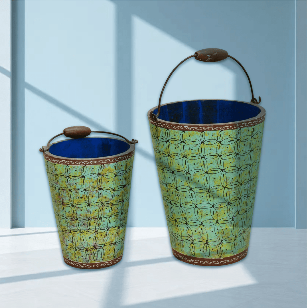 Solid Hardwood Bucket – 2 Pieces Set with Hand Painted Design