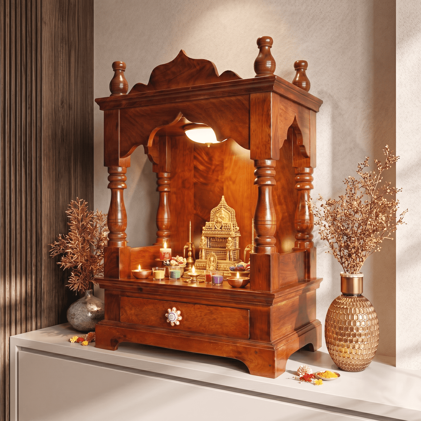 prayer cabinet mango wood, worship cabinet solid wood, spiritual shrine cabinet UAE, Hindu temple cabinet Dubai, wooden altar cabinet UAE, prayer altar mango wood,