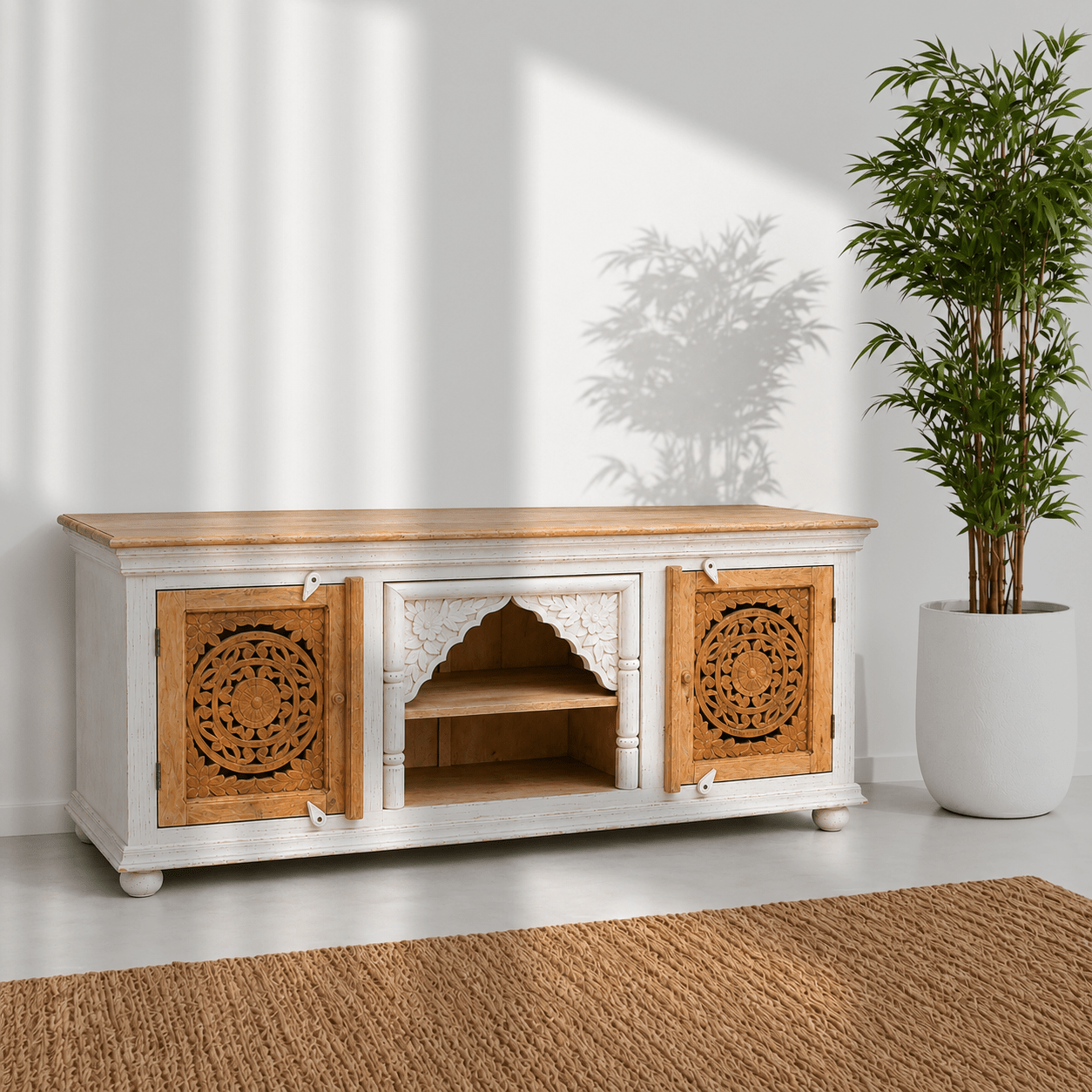 hand-Carved TV Console, mango Wood TV Unit, Rustic Entertainment Cabinet, blue Rustic TV Stand, Wooden Media Console, farmhouse TV Cabinet, boho Entertainment Unit, handmade Wooden TV Stand,
