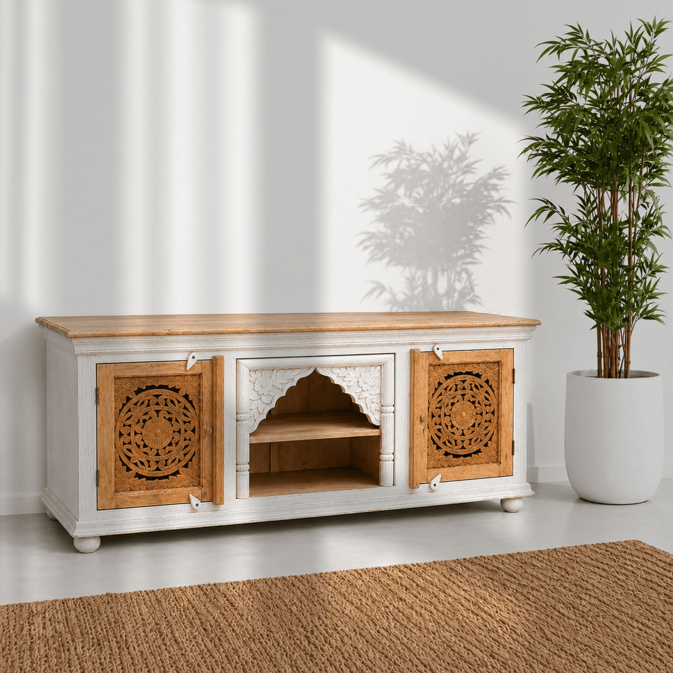 The Bohemia Hand Carved Mango Wood TV Unit | Rustic Blue UAE | Dubai