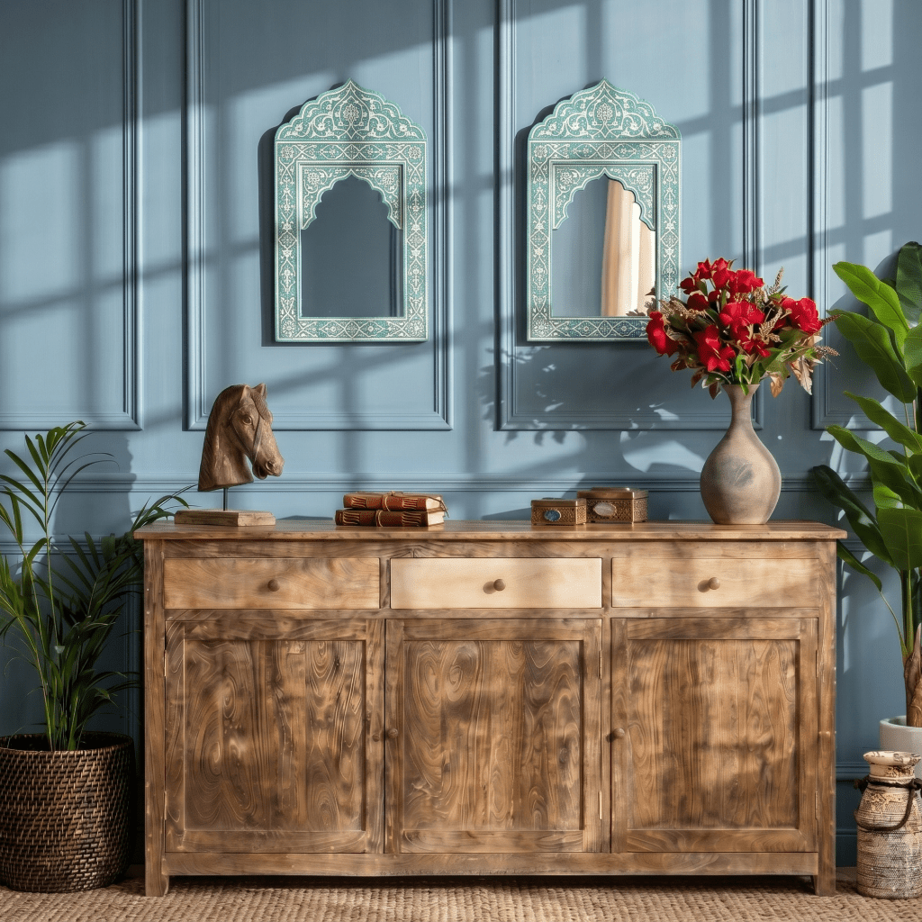 Wooden cabinet sideboard for hotels, Wooden sideboard shelf for restaurant in UAE,Solid mango wood side console with 3 doors & 3 drawers,Mango wood sideboard hand made,