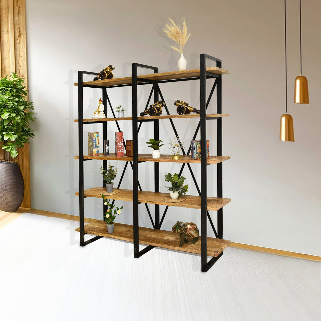 Five-Tier Industrial Bookshelf Cabinet with Black Metal Frame