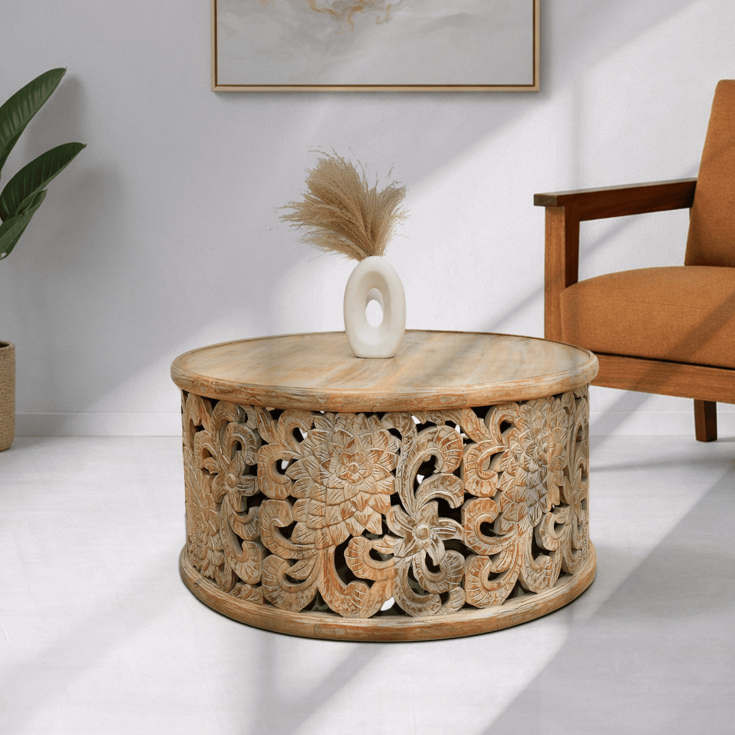 Solid mango wood round coffee table with natural finish available at Dubai furniture outlet for modern living room decorHand carved mango coffee table,Vintage handicrafted centre table,