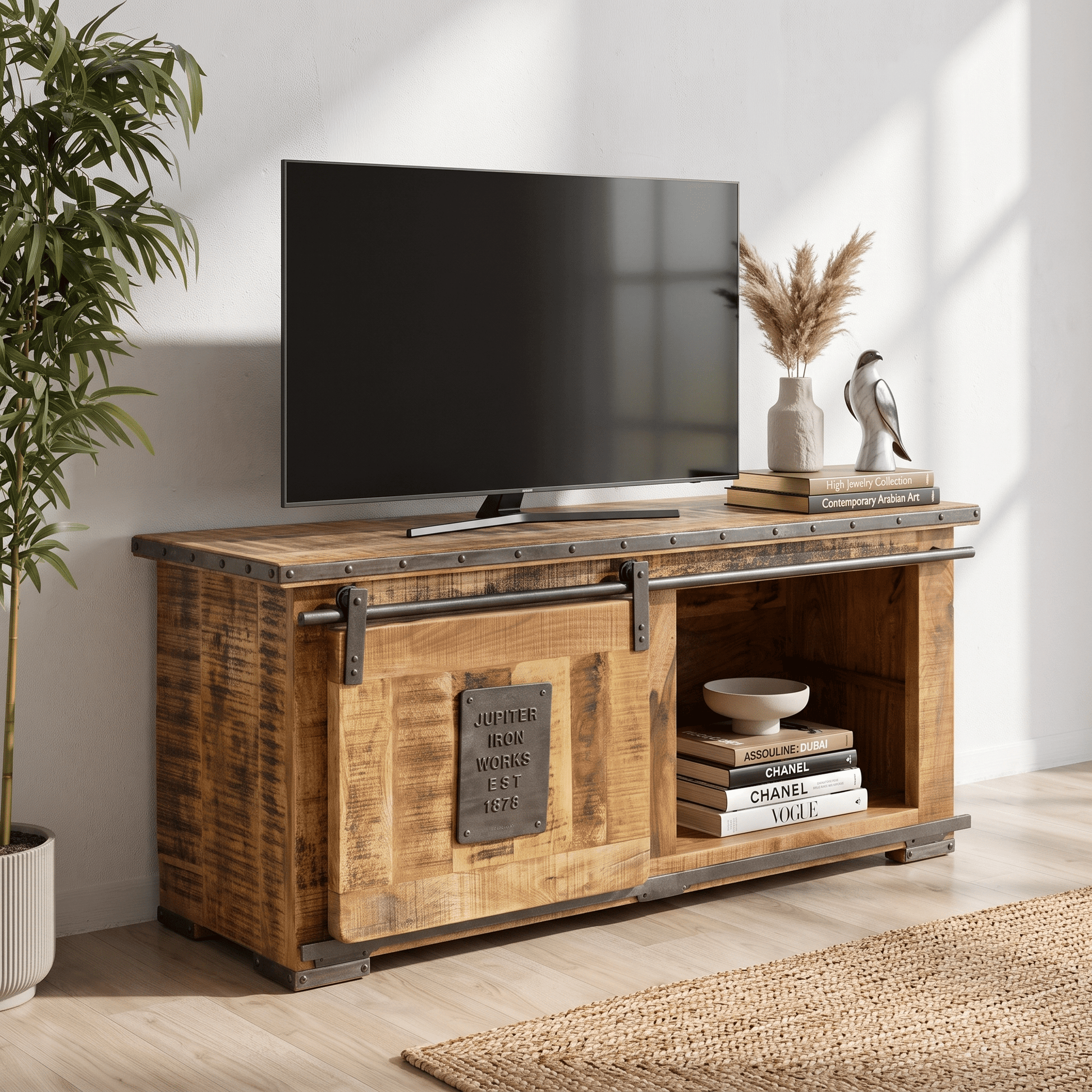 Industrial Mango Wood TV Cabinet with Sliding Door