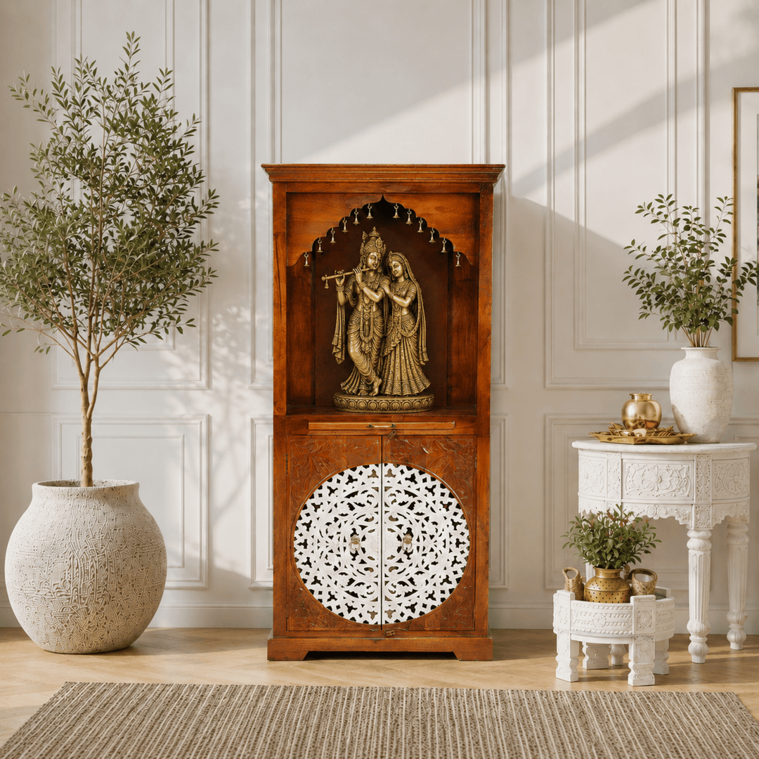 Handcrafted Wooden Hindu Worship Cabinet with Elegant Arch Design